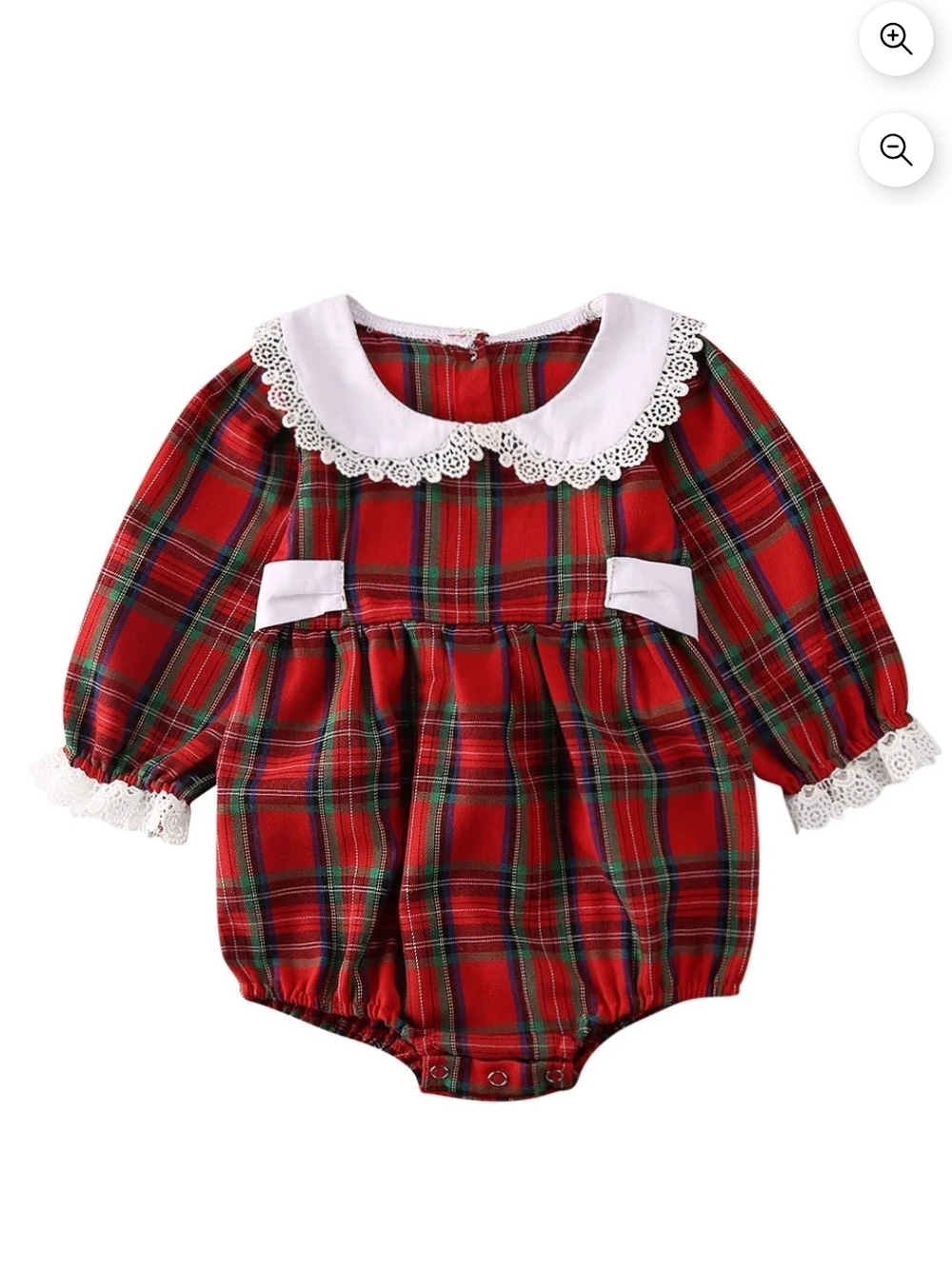 Red Plaid Baby Bubble Romper with White Lace Collar
